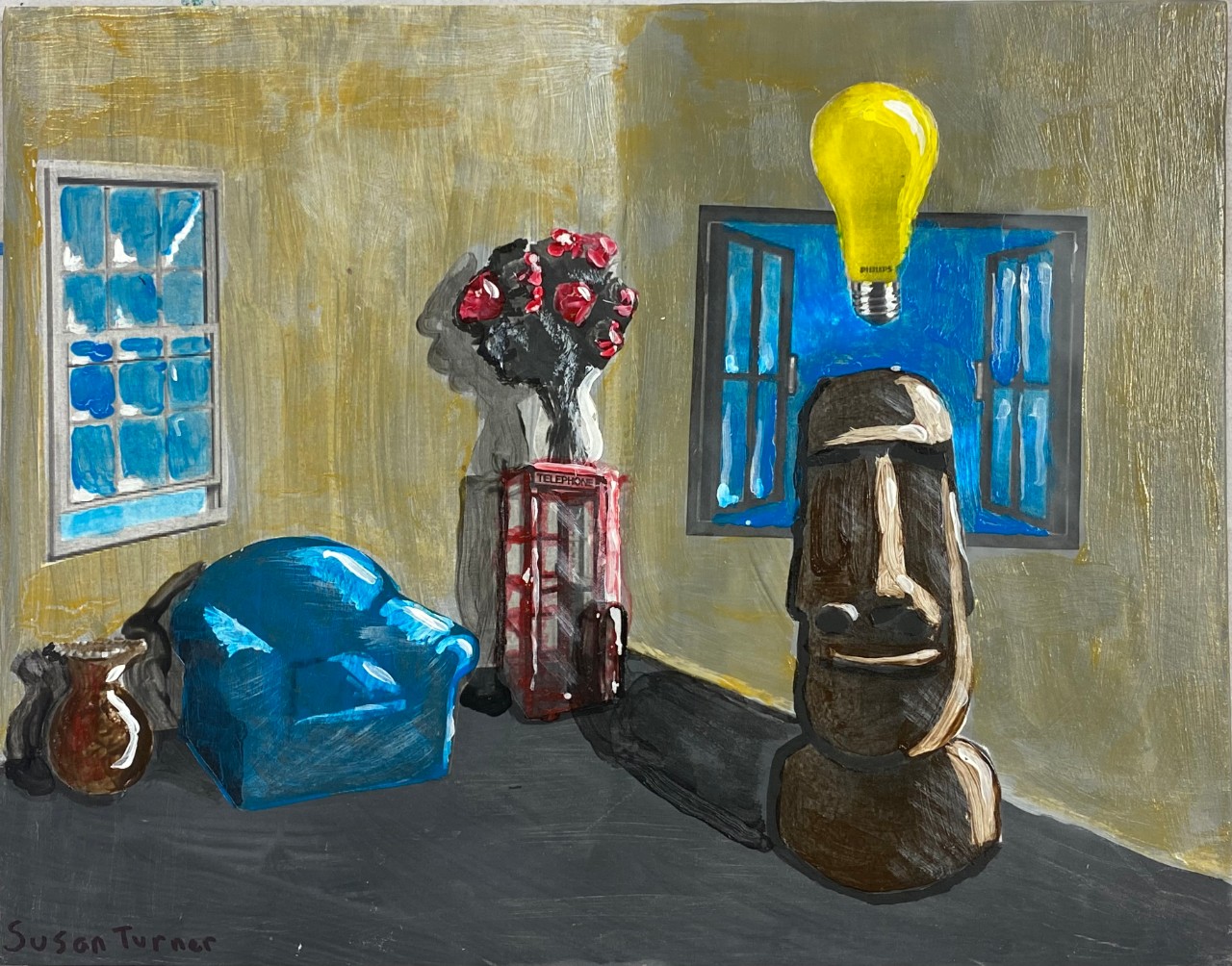 A horizontal painting shows an inside corner of a room with neutral walls, gray floor, and two windows – one wide open to the blue beyond. Inside the room is a large vase next to a blue arm chair, a red phone booth with a bouquet of red flowers atop, and an Easter Island-style statue of a face, with a large, bright yellow lightbulb suspended above. 