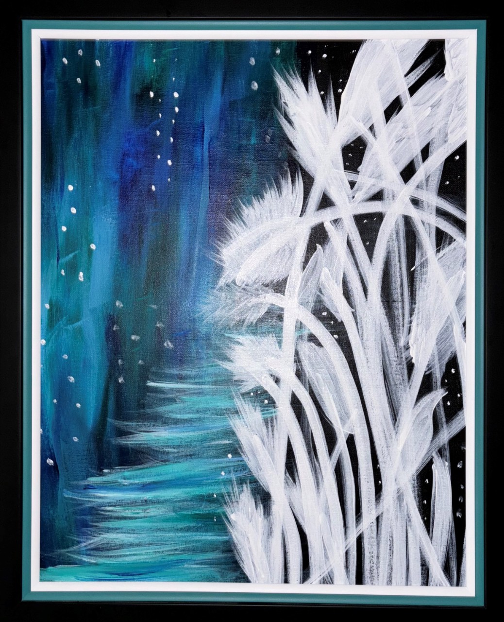 A vertical, rectangular painting features strong white, blue, and black colors. The background of the painting is black with white specks, evoking stars. The right half of the image features tall, white stalks with feathery tops, evoking gracefully bending plants. The left of the picture features vertical blue streaks. In the center, lighter, horizontal blue streaks disappear toward a horizon line. 