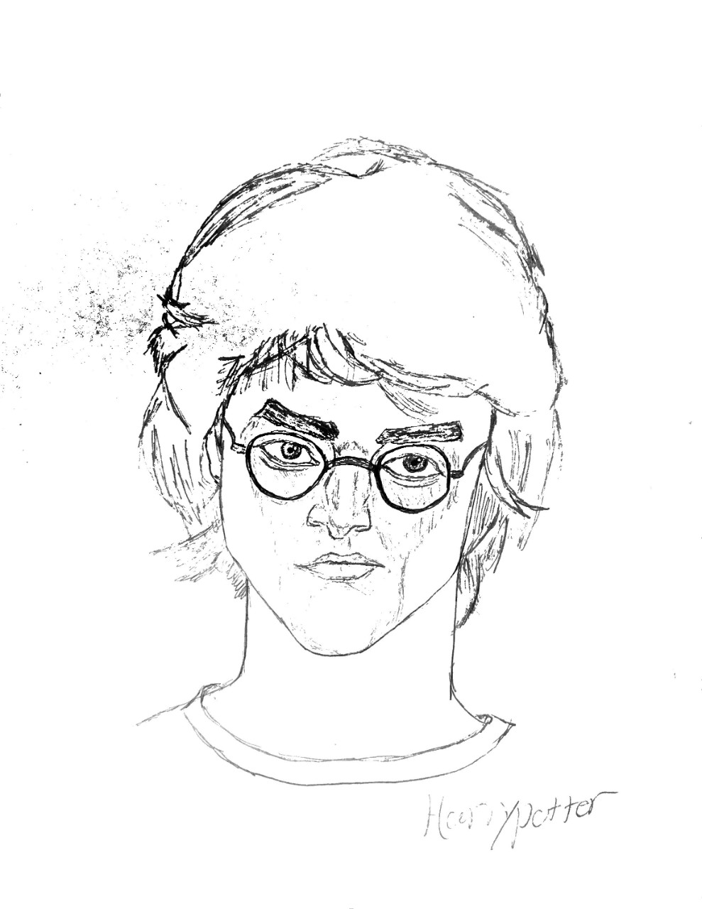 a black-and-white line drawing shows a boy in his early teens, with thick, wavy hair, thick brows, and round glasses. The boy’s face is thoughtful and serious.