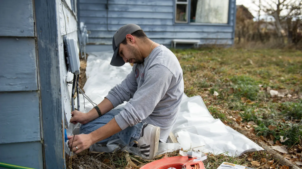Julian Gonzalez, taping off the exterior of a home before insulating the walls. | Credit: Dennis Schroeder / NREL Julian Gonzalez is crouched outside a weathered blue house, taping off the exterior in preparation for insulating the walls. He wears a gray long-sleeve shirt, jeans, and a gray cap, focusing intently on his work. The ground around him is covered in dry grass, scattered leaves, and a white plastic sheet. Tools and materials, including a red extension cord and tape, are visible nearby. A window and additional siding of the house are in the background.