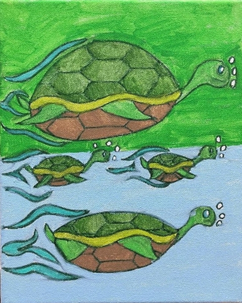 A painting of five turtles swimming, with a split background showing both green and blue. The top half is green, where the largest large turtle appears to be moving. The bottom half is blue, where four turtles, including a medium one, swim while blowing bubbles. The turtles have green shells with hexagonal patterns, brown undersides, and yellow accents along their shells. Flowing blue lines around them suggest movement.