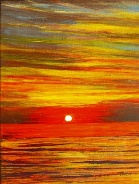 A painting of a vibrant sunset over the ocean. The sun is a bright white orb near the horizon, casting a golden glow across the sky and reflecting on the water. The sky is filled with streaks of yellow, orange, red, and hints of blue and purple, creating a dramatic and warm atmosphere. The ocean mirrors these colors with rich, fiery tones blending into the waves. The painting has expressive, textured brushstrokes.