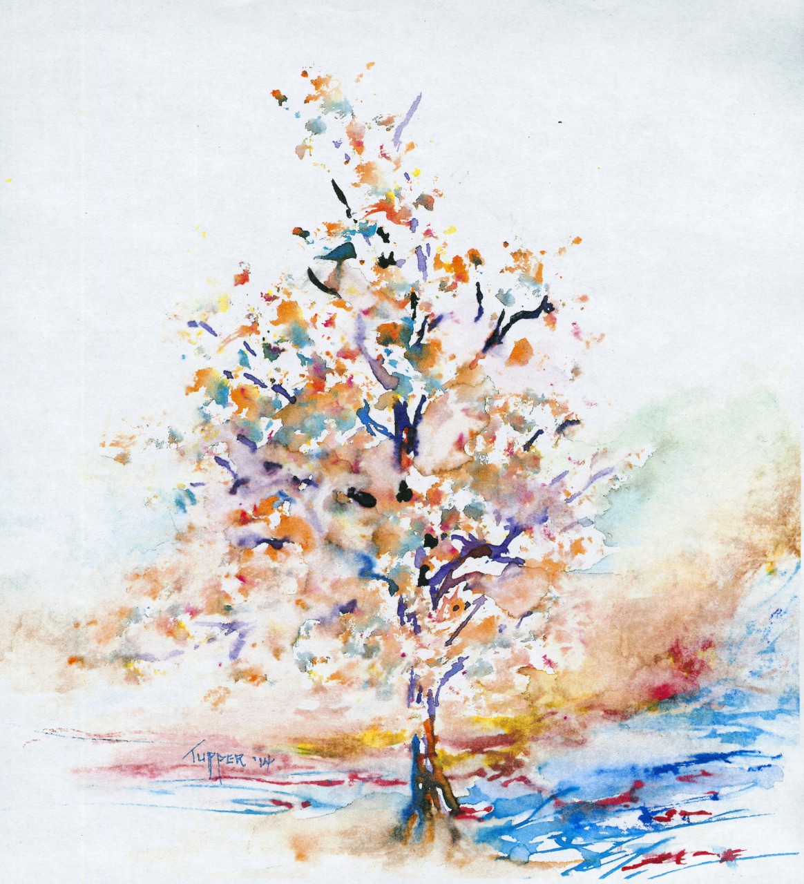a painting featured on the front cover by Kathy Tupper. It is called “Autumn 11-11”, and is a beautiful rendering of a tree in the fall, with multi-colored leaves. The style is almost abstract, because the branches, the trunk and the leaves are not highly defined.