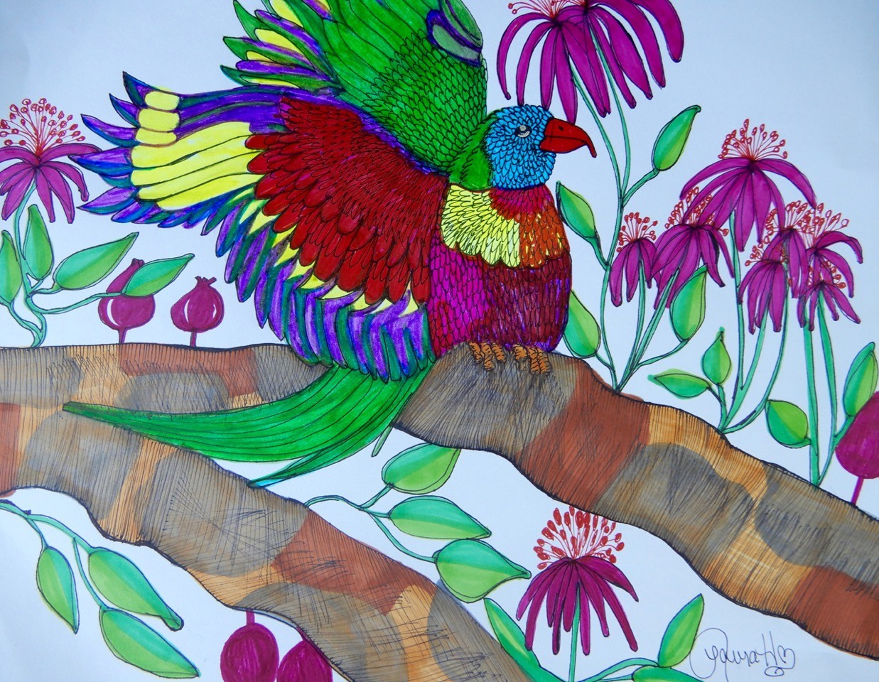 The first piece is a painting called, “Cheeky Rainbow Parrot” by Laura Hudson. This very colorful painting shows a parrot bright red, blue and yellow in its body and gorgeous feathers. The parrot is sitting on thick branches that have several shades of brown. Growing out of the branches are purple flowers with red stamens and green leaves. The whole scene is set against a background of blue sky. 