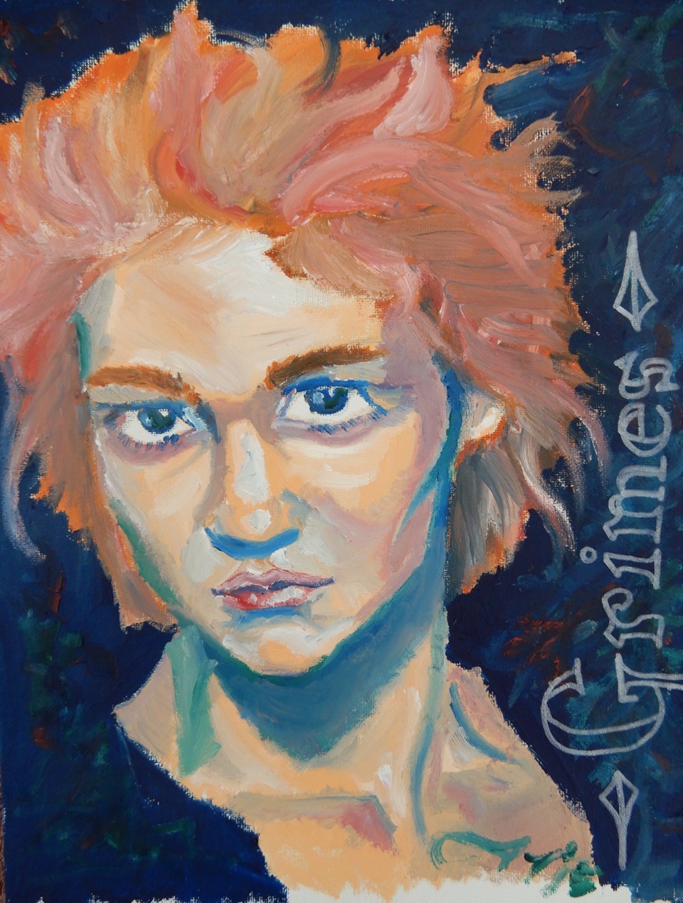 painting by Augie Collier, called “Grimes”. This is a portrait of a person with short chopped red hair, wearing a dark blue top. It is not clear what the person’s gender is, and the person’s expression is very intense. 