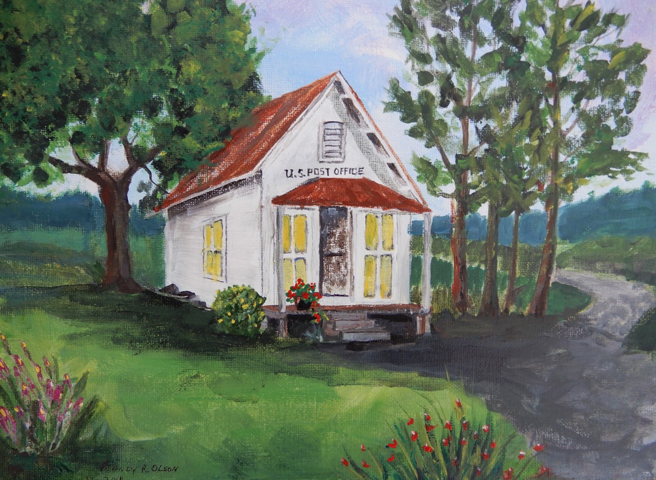 This is a very traditional looking painting of a small post office next to a country lane. It is surrounded by grass, red and purple flowers and trees. There are is a potted plant and a flowering bush on and near the porch of the post office. The building is painted white with a brown roof and brown awning. There are also several windows that are showing a yellow light inside. The painting is set against a mottled dark blue background with streaks of gold.