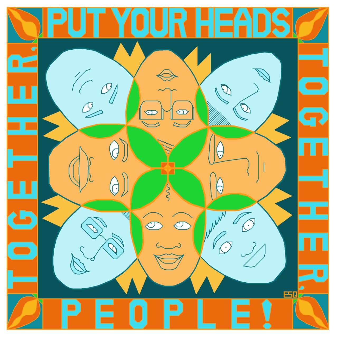 piece is a digital “painting” called, “Put Your Heads Together People” by Erin Brady Worsham, which was created using the Microsoft Paint Program. It features eight different faces clustered together in a design. They all look happy, which makes this appear to be a positive statement about collaborating for a positive result. On the border of the pieces are the words of the title. The prominent colors are blue, green and orange.