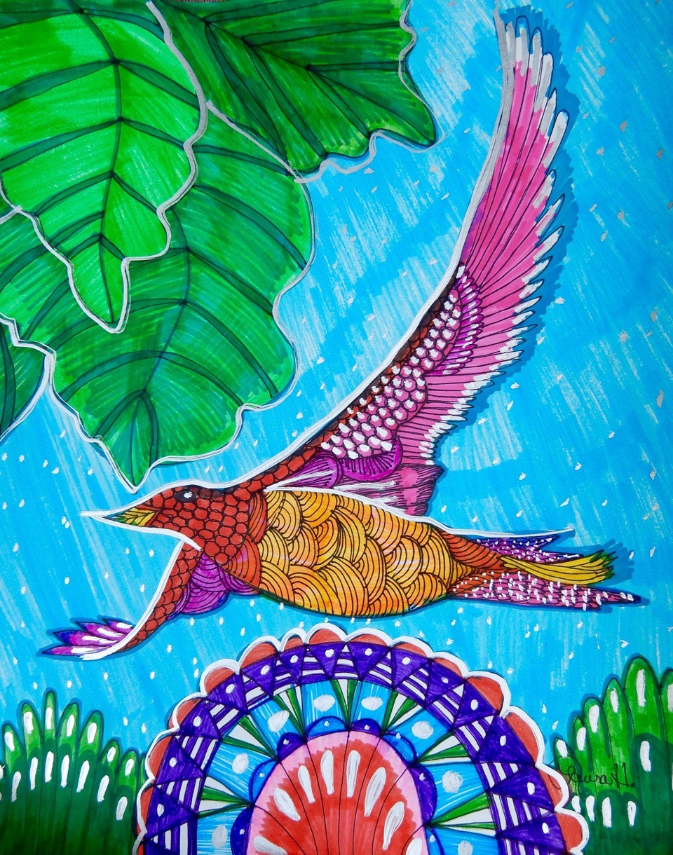 painting very vibrant and colorful, and has a yellow, orange, purple and red bird flying proudly with wings outstretched, against a background of blue sky, big, tropical, green leaves, and what appears to be a merry-go-round in the distance