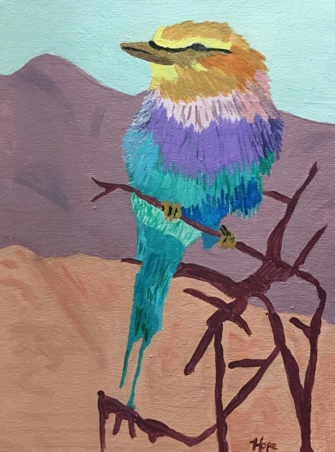 a colorful bird perched on a brown branch, in front of a brown mountains and a greenish-blue sky. The bird is various shades of green, plus blue, yellow, orange, pink and purple