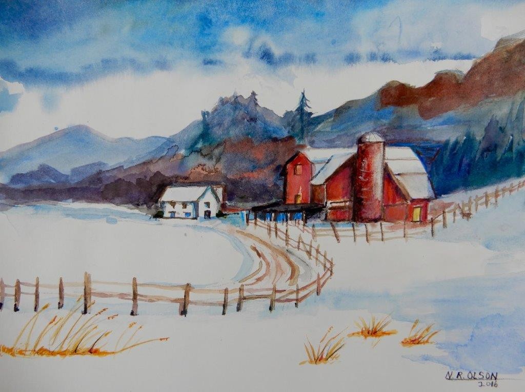 It shows a farm at the base of a mountain. There is a red barn with a silo and a white house. A picket fence winds toward the barn and house. The ground is covered with snow, and some tall pale grasses make their way through the snow covering. 