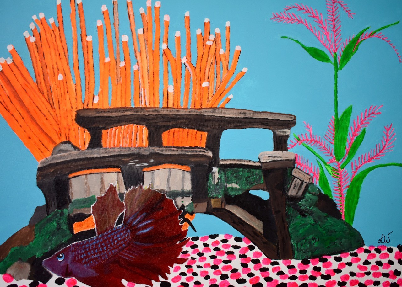 The painting is very vibrant and shows a deep red angelfish swimming in an environment that contains a dark brown bridge, dark green rocks, bright orange corral and a pink flower with green leaves.