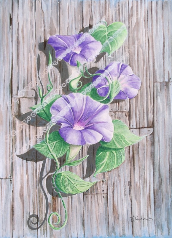 painting shows three purple flowers on vines with green leaves peeking through light brown and gray wood paneling