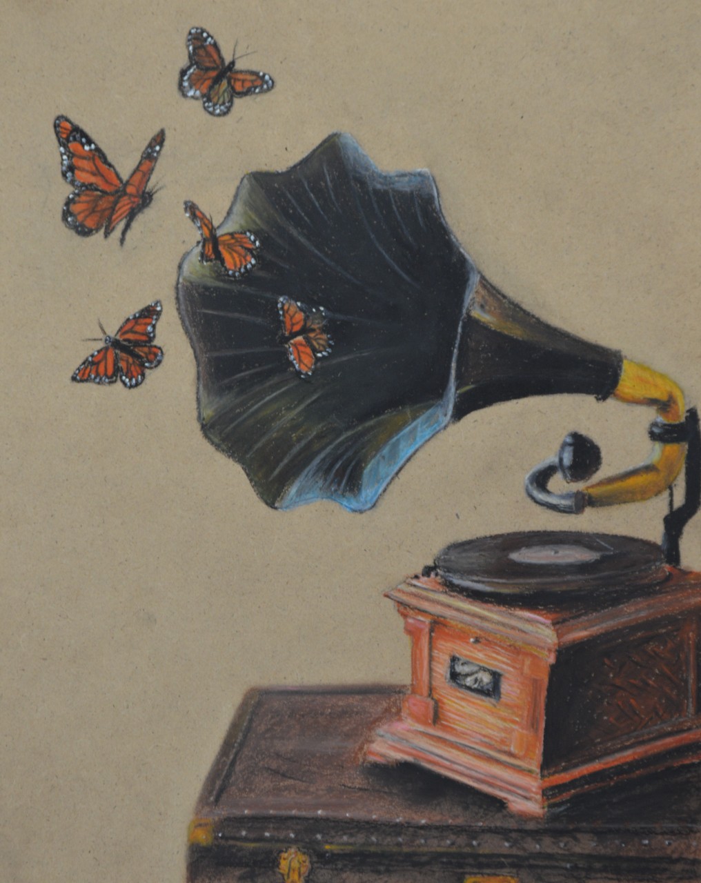 The painting is of an old-time black, yellow and brown Victrola with a long-playing record sitting on a dark brown side table. Coming out of the fluted horn of the Victrola are five orange, black and white butterflies.
