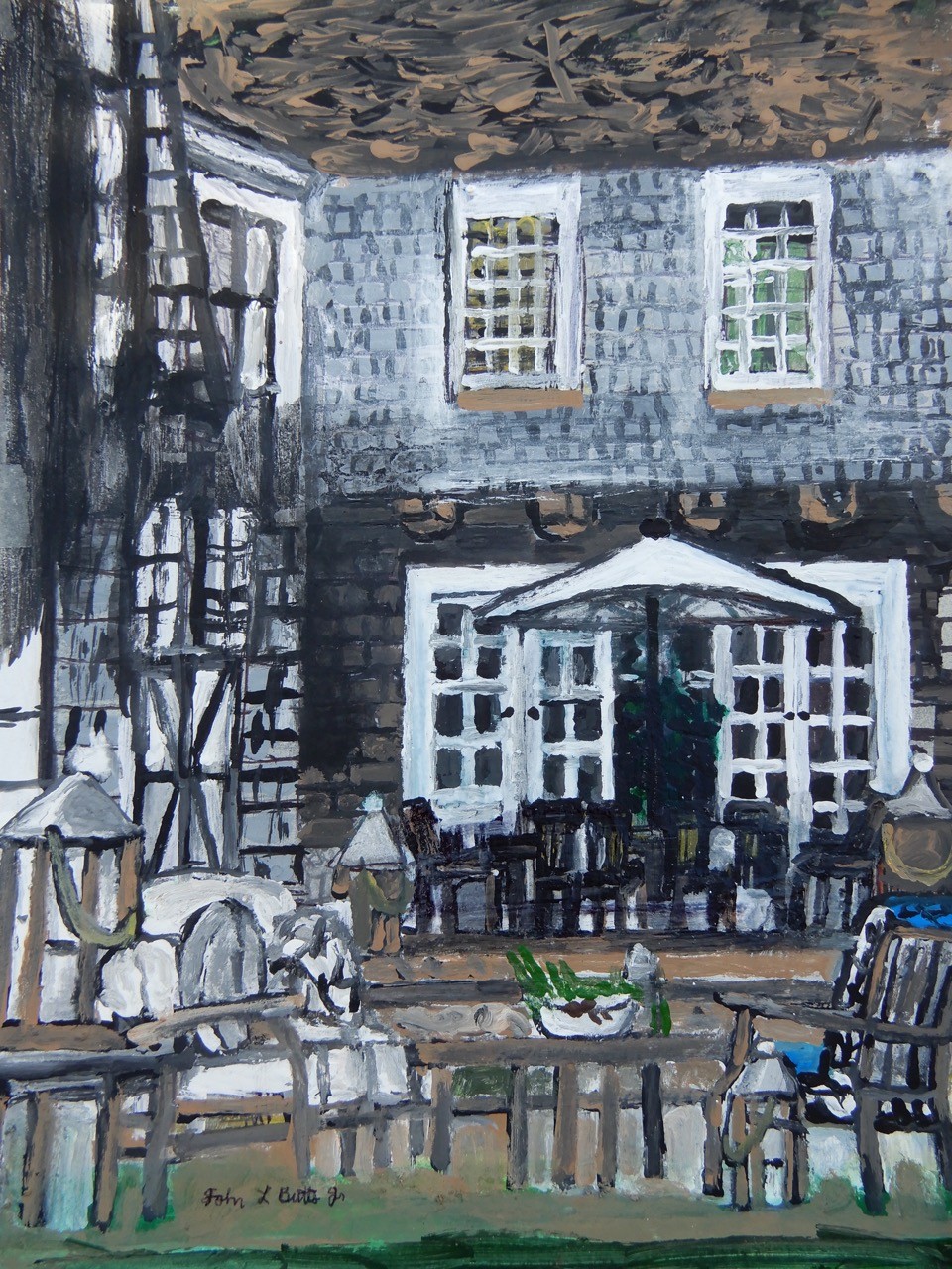 The painting depicts a patio outside of a house. There is a table in the center with a bowl of flowers. The entire painting is done in muted grays, whites and browns. There are no people in the scene
