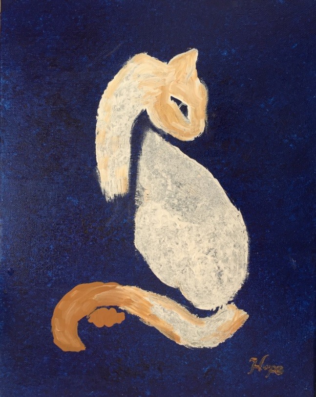 abstract of a yellow, brown and golden cat on a dark blue background