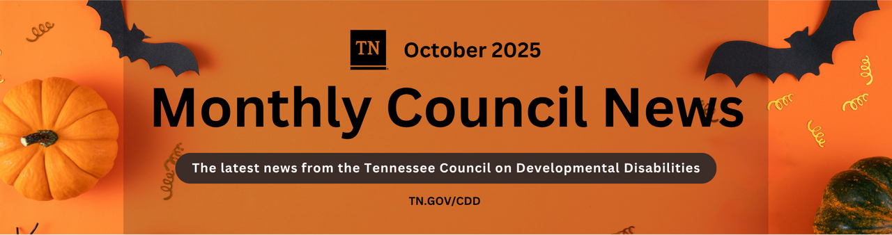 Banner image for the October 2025 issue of Monthly Council News from the Tennessee Council on Developmental Disabilities. The background shows soft white rays and water ripple patterns. The overall design evokes a summery, poolside feel. Text reads: June 2025 – Monthly Council News – The latest news from the Tennessee Council on Developmental Disabilities – TN.GOV/CDD