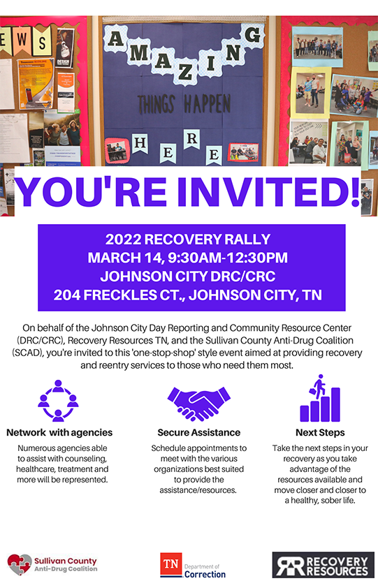 Flyer - 2022 Recovery Rally @ Johnson City DRC/CRC from 9:30 a.m. until 12:30 p.m.