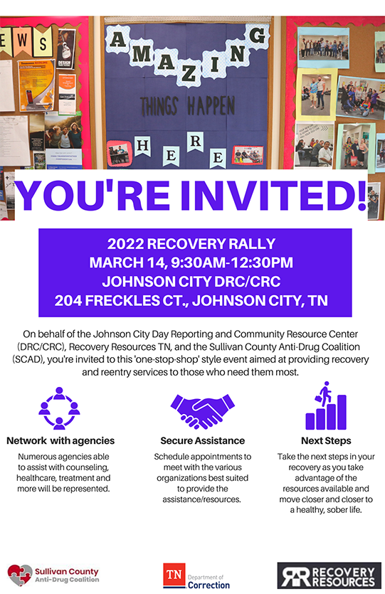 Flyer - 2022 Recovery Rally @ Johnson City DRC/CRC from 9:30 a.m. until 12:30 p.m. Photo of Event providing Reentry and Recovery Services Flyer
