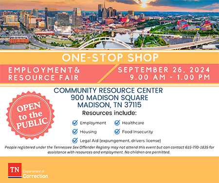 Nashville CRC Fall '24 Resource Fair Flyer - 2 Flyer - Community Resource Center Job & Resource Fair; September 26, 2024 at 9am CT; location 900 Madison Square, Madison, TN 37155