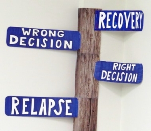 DRCRecoveryWrongRightDecisionRelapse Sign with words: Recovery, Wrong Decision, Relapse, and Right Decision.