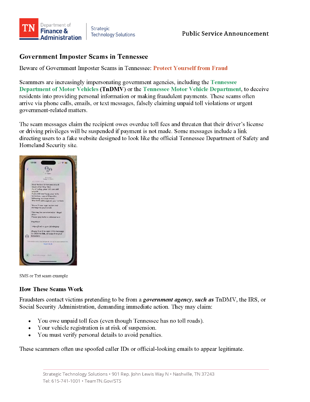Unpaid Toll Smishing Public Service Announcement Page 1