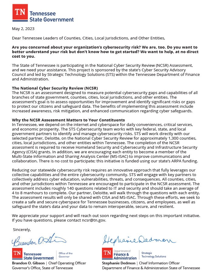 NCSR Kickoff Letter to Local Governments from State COO and CIO