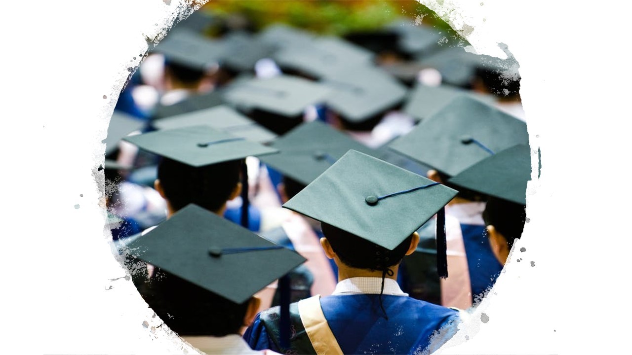 Clickable image of green graduation caps on graduates that links to the Post-Secondary Students Information Page