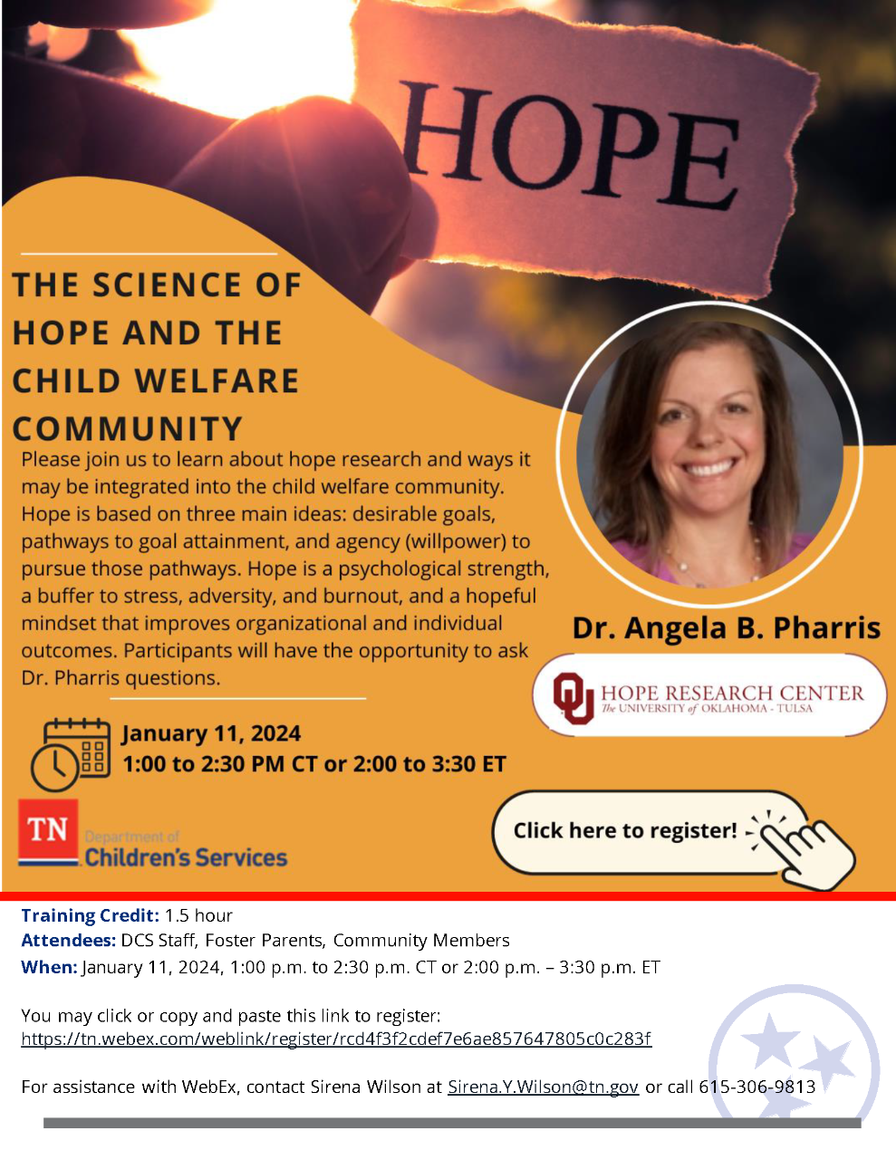 Research about hope and the child welfare community with Dr. Angela Pharris of the University of Oklahoma registration - Webex