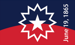 The Juneteenth flag is a symbol for the Juneteenth holiday in the United States.  The Juneteenth flag includes an exaggerated star of Texas bursting with new freedom throughout the land.