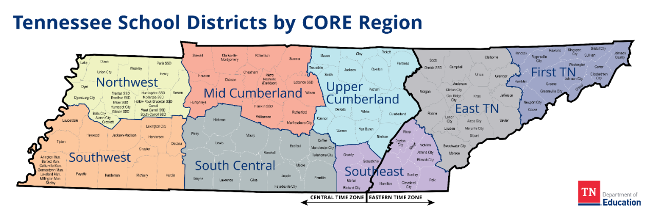 Upper Cumberland Districts: Bledsoe County, Cannon County, Clay County, Cumberland County, DeKalb County, Fentress County, Jackson County, Macon County, Overton County, Pickett County, Putnam County, Smith County, Trousdale County, Van Buren County, Warren County, White County, York Institute. Southwest Districts: Arlington, Achievement School District, BartlettChester, Collierville, Decatur, Fayette, Germantown, Hardeman, Hardin, Haywood, Henderson, Lauderdale, Lakeland, Lexington, McNairy, Madison, Millington, Shelby, Tipton. Southeast Districts: Athens City, Bradley County, Cleveland City, Dayton City, Etowah City, Grundy County, Hamilton County, Marion County, McMinn County, Meigs County, Polk County, Rhea County, Richard City, Sequatchie County. South Central Districts: Bedford County, Coffee County, Manchester City, Tullahoma City, Franklin County, Giles County, Hickman County, Lawrence County, Lewis County, Lincoln County, Fayetteville City, Marshall CountyMaury County, Moore County, Perry County, Wayne County. Northwest Districts: Benton County, Carroll County, Hollow Rock-Bruceton SSD, Huntingdon SSD, McKenzie SSD, South Carroll SSD, West Carroll SSD, Crockett County, Alamo City, Bells City, Dyer County, Dyersburg City, Gibson County SSD, Bradford SSD, Humboldt SSD, Milan SSD, Trenton SSD, Henry County, Paris SSD, Lake County, Obion County, Union City, Weakley County. Mid Cumberland Districts: Cheatham County, Metro Nashville Public Schools, Dickson County, Houston County, Humphreys County, Montgomery County, Robertson County, Rutherford County, Murfreesboro City, Stewart County, Sumner County, Williamson County, Franklin SSD, Wilson County, Lebanon SSD, TSB. First Tennessee Districts: Carter County, Elizabethton City, Cocke County, Newport City, Greene County, Greeneville City, Hamblen County, Hancock County, Hawkins County, Rogersville City, Johnson County, Sullivan County, Bristol City, Kingsport City, Unicoi County, Washington County, Johnson City. East Tennessee Districts: Anderson County, Clinton City, Oak Ridge, Blount County, Alcoa City, Maryville City, Campbell County, Claiborne County, Grainger County, Jefferson County, Knox County, Loudon County, Lenoir City, Monroe County, Sweetwater City, Morgan County, Roane County, Scott County, Oneida City, Sevier County, Union County, ETSD.