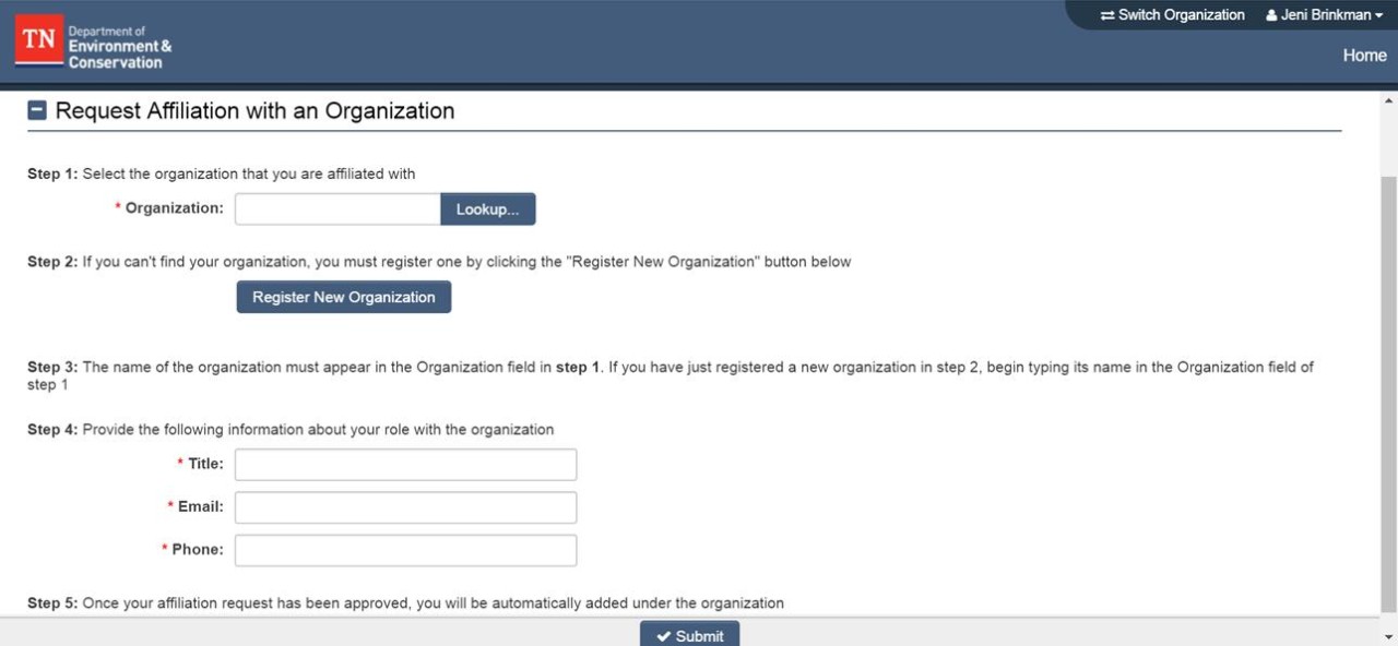 Picture of Grant Request Affiliation screen