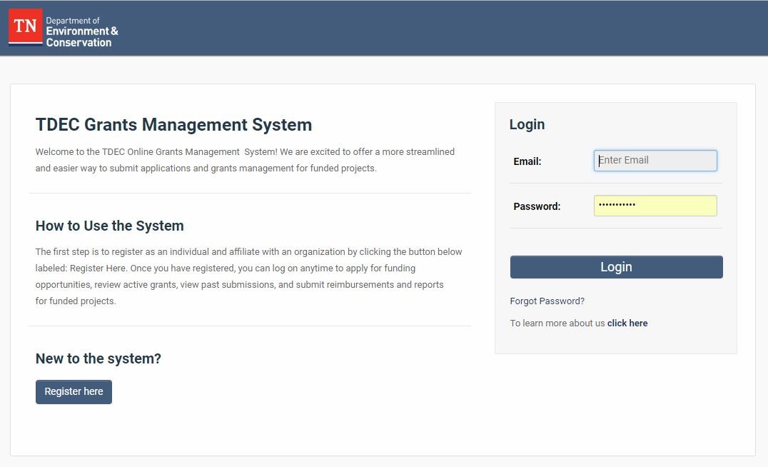 Picture of Grants Login Screen