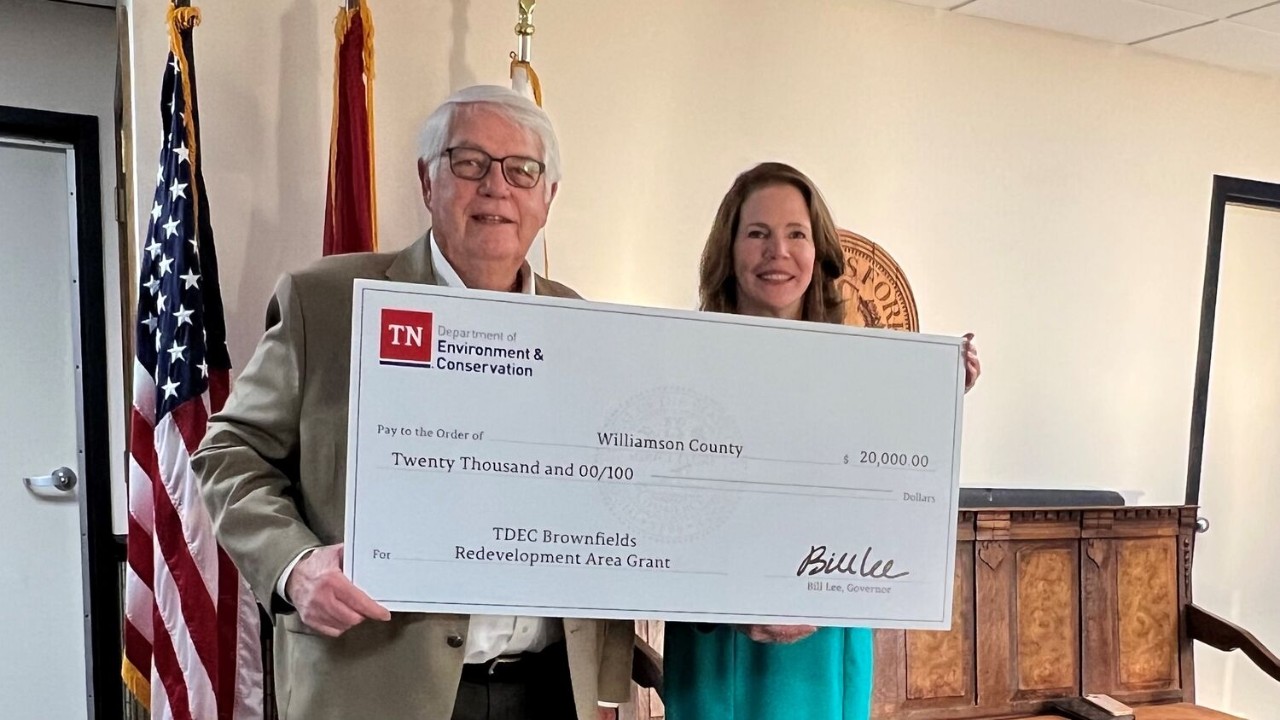 The Tennessee Department of Environment and Conservation (TDEC) has presented a check for $20,000 to Williamson County for its plans in brownfield redevelopment. Shown here are Williamson County Mayor Rogers Anderson and Helena O’Neal, from the office of Rep. Gino Bulso, R-Brentwood. The Tennessee Department of Environment and Conservation (TDEC) has presented a check for $20,000 to Williamson County for its plans in brownfield redevelopment. Shown here are Williamson County Mayor Rogers Anderson and Helena O’Neal, from the office of Rep. Gino Bulso, R-Brentwood.