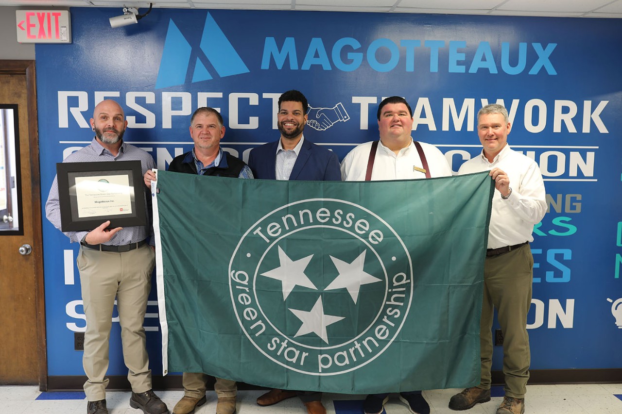 Magotteaux in Pulaski is welcomed into the Tennessee Green Star Partnership. From left are Travis Glover, continuous improvement and project manager for Magotteaux; Dale Wilburn, sustainability specialist for Magotteaux; Ronne Adkins, deputy commissioner of the Tennessee Department of Environment and Conservation; J.J. Brindley, mayor of Pulaski; and Graham Stowe, executive, Giles County.