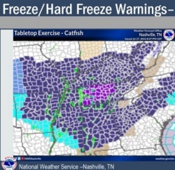 The National Weather Service generated this synthetic freeze/hard freeze warning graphic that depicts Ohio River Valley states, including Tennessee, that would be impacted by a hypothetical polar vortex. The graphic was used in the exercise Situational Manual to inform participants.