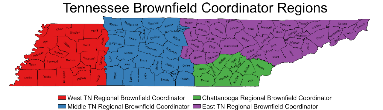 The image shows a county map of Tennessee titled “Tennessee Brownfield Coordinator Regions.” The map uses four colors to separate regional coordinator areas. Red covers the western counties and labels them West TN Regional Brownfield Coordinator. Blue covers central counties and labels them Middle TN Regional Brownfield Coordinator. Purple covers most eastern counties and labels them East TN Regional Brownfield Coordinator. Green marks a smaller southeastern cluster and labels it Chattanooga Regional Brownfield Coordinator. County borders and county names appear across the map. A legend below matches each color to its coordinator region label.