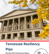 This is a image of the cover of the TN Resiliency Plan Report. It reflects a picture of the side of the TN State Capitol and the TN Tri-star logo.