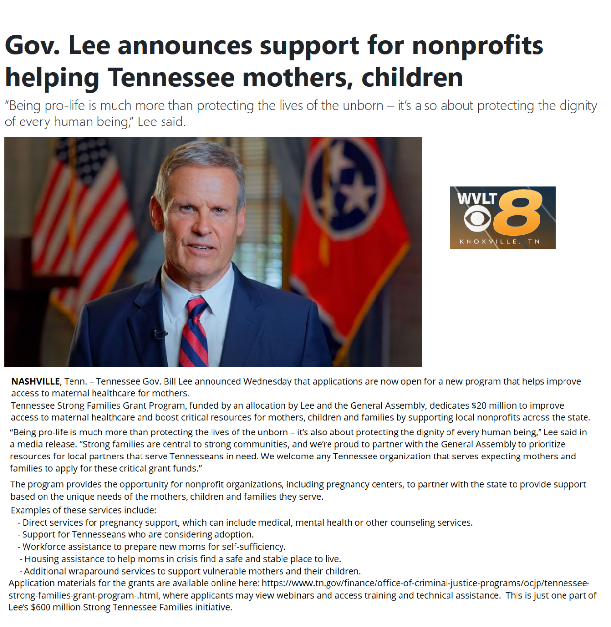 Gov. Lee announces Strong Family Grants