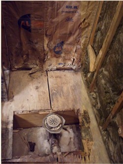 shower_before_250 after removing a leaky bathtub mold growing on wooden studs and plywood floor