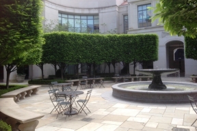 photo of civic plaza with fountain and benches