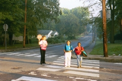 children walking to school protected by a crossing guard