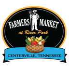 Logo of the Farmers Market at River Park with the image of a farmer and basket filled with vegetables