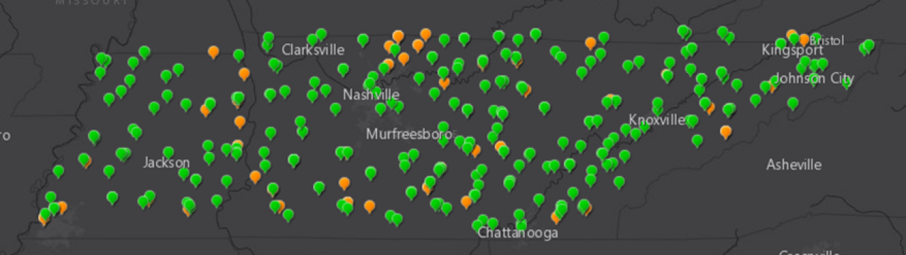 Map of Tennessee with pins where Healthy Built Environments grant projects and Project Diabetes grant projects have been awarded