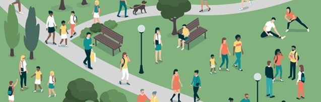 Illustration of a city park with many people doing various activities such as walking, running, stretching, socializing, and working on a laptop on a park bench