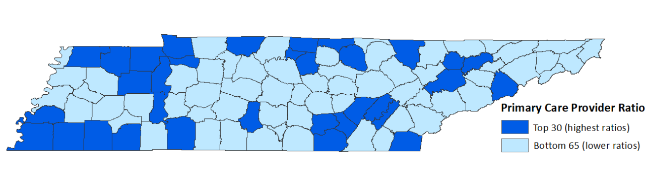 Map of Tennessee counties shaded by primary care provider ratios. Dark blue counties represent the top 30 counties with the highest primary care provider ratios, and light blue counties represent the remaining 65 counties with lower ratios.