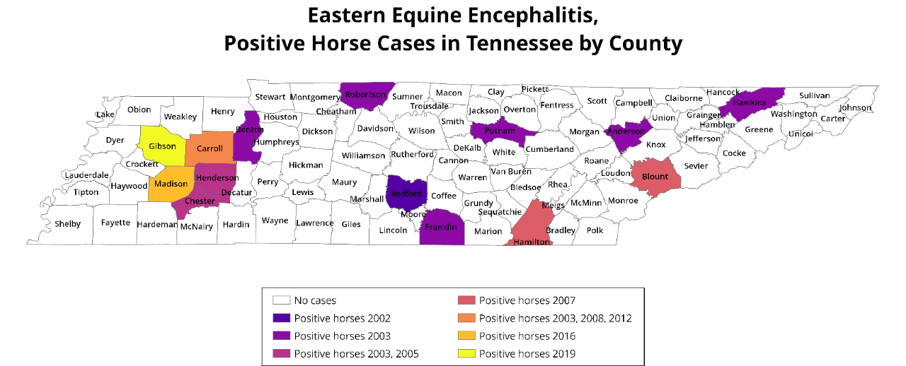 Map of Tennessee counties showing locations and years of reported Eastern Equine Encephalitis positive horse cases.