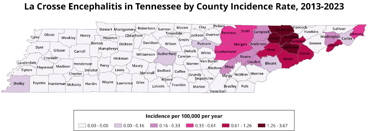 Map of Tennessee counties showing La Crosse encephalitis incidence rates from 2013 to 2023.