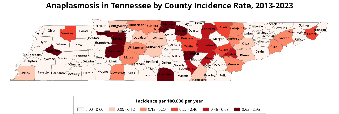 Map of Tennessee counties showing anaplasmosis incidence rates from 2013 to 2023.