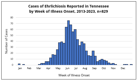 Histogram showing ehrlichiosis cases in Tennessee by week of illness onset, with most cases occurring in late spring and summer.
