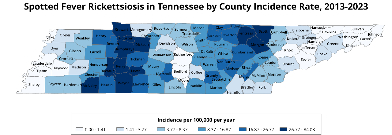 Map of Tennessee counties showing spotted fever rickettsiosis incidence rates from 2013 to 2023.